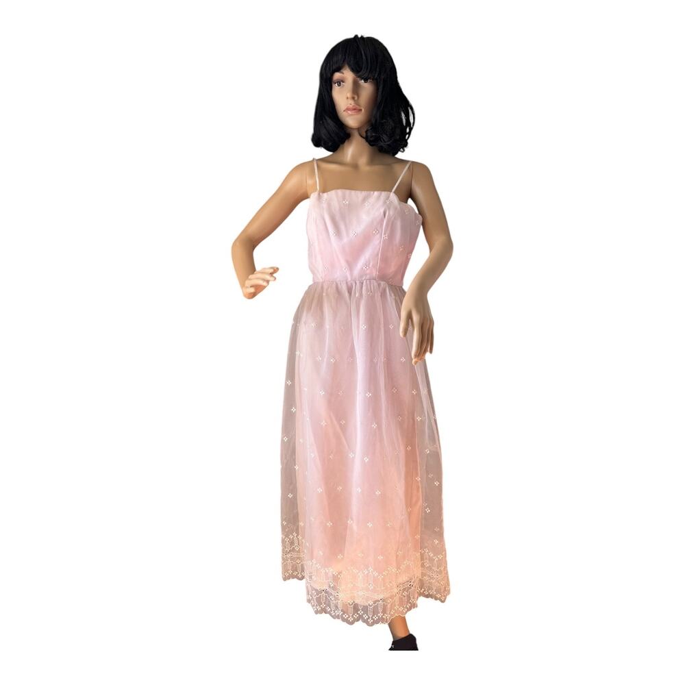 American vintage pink & white sheer eyelet bridesmaid prom maxi dress size Small